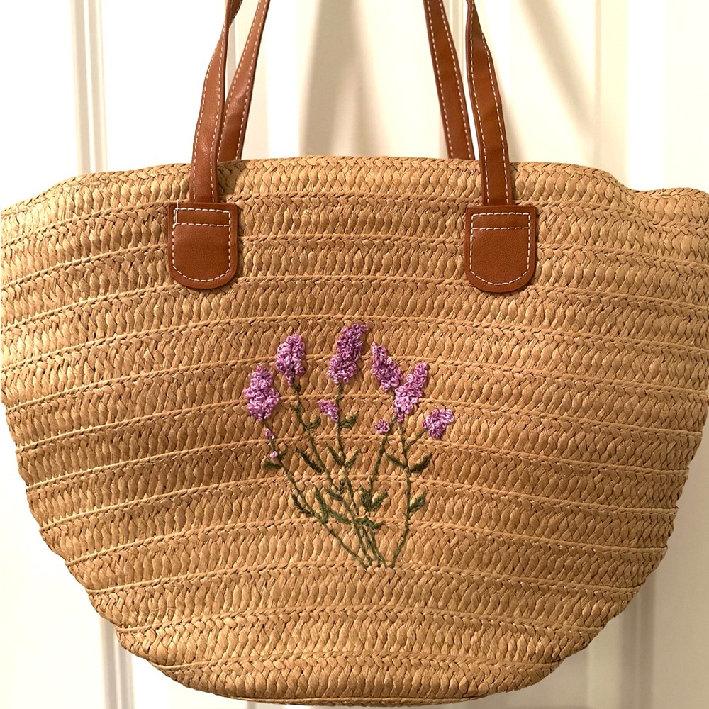 Embroidered Straw Tote Bag with Brown Handles